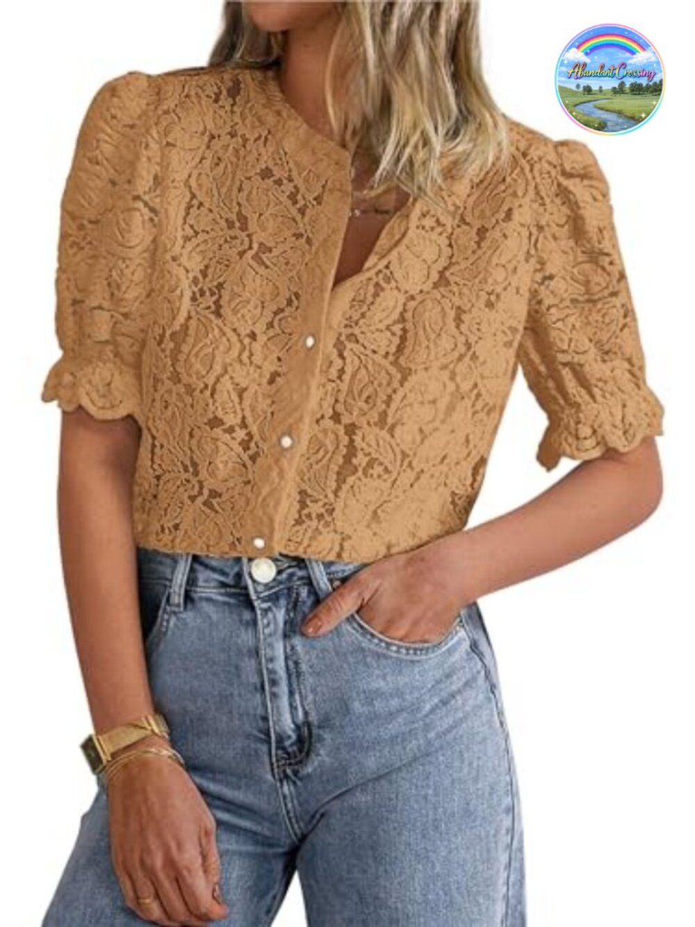 Womens Lace Button Down Short Sleeve Blouse Puff Sleeve Crew Neck Top